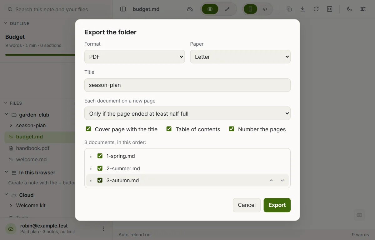 The Export the folder window, with the format, the cover page, the table of contents and the list of notes
