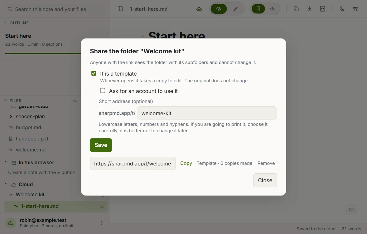 The window to share a folder, with the template switch and the short address