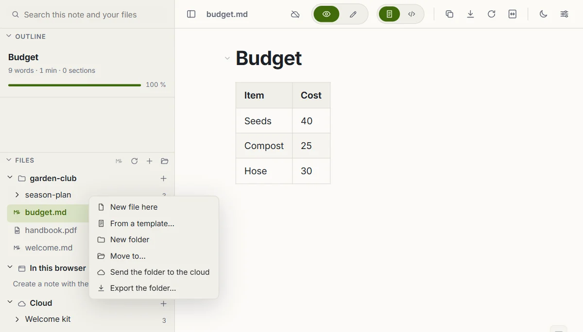 The menu of a folder in the explorer, with Send the folder to the cloud among its options